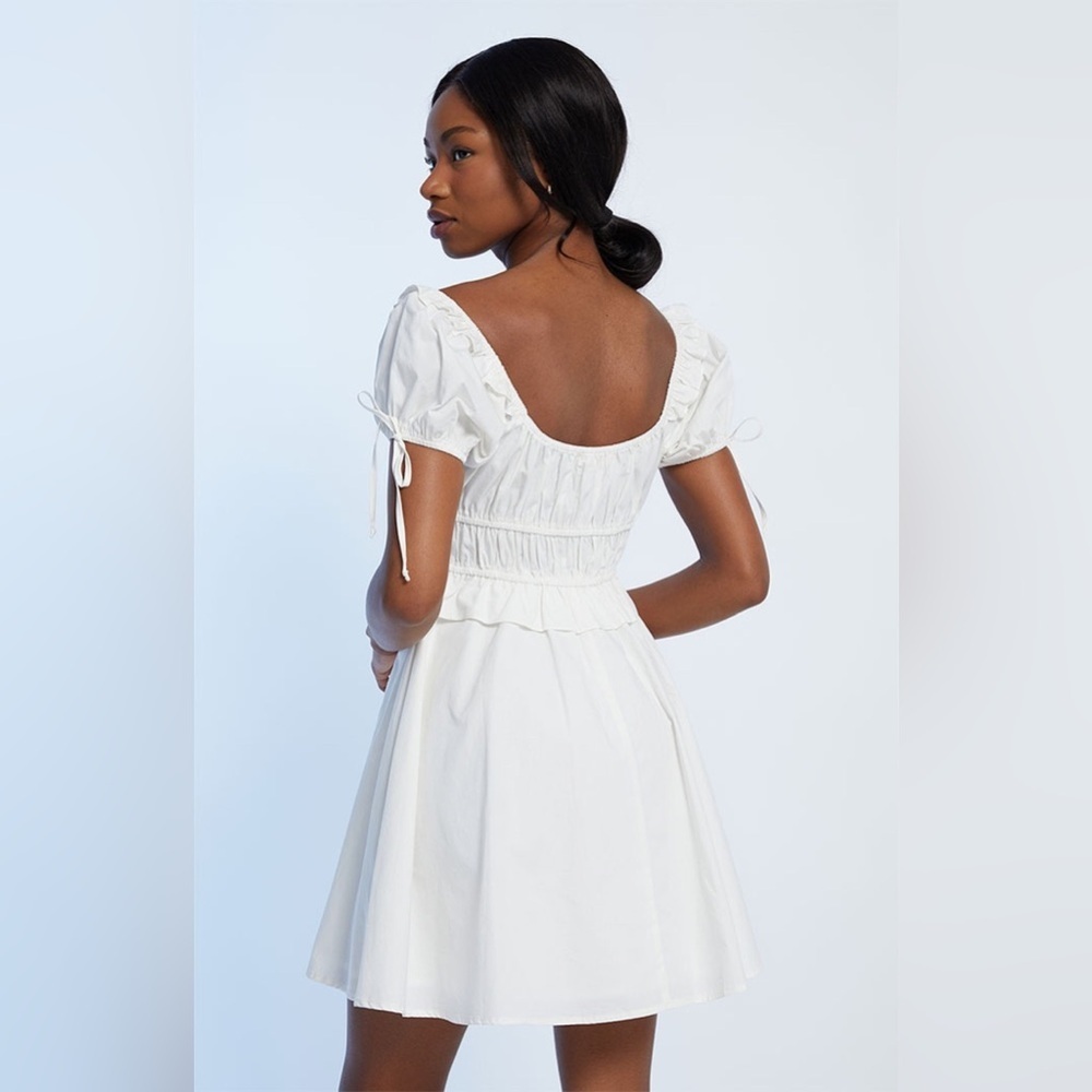 ☁️ White Tie Front Puff Sleeves Cotton Mini Dress - Picture 4 of 16